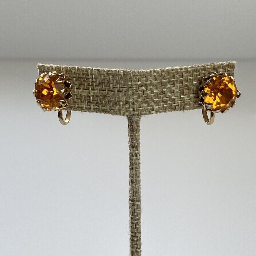 FLAW Vintage Large Prong Set‎ Citrine Rhinestone Solitaire Screw Back Earrings